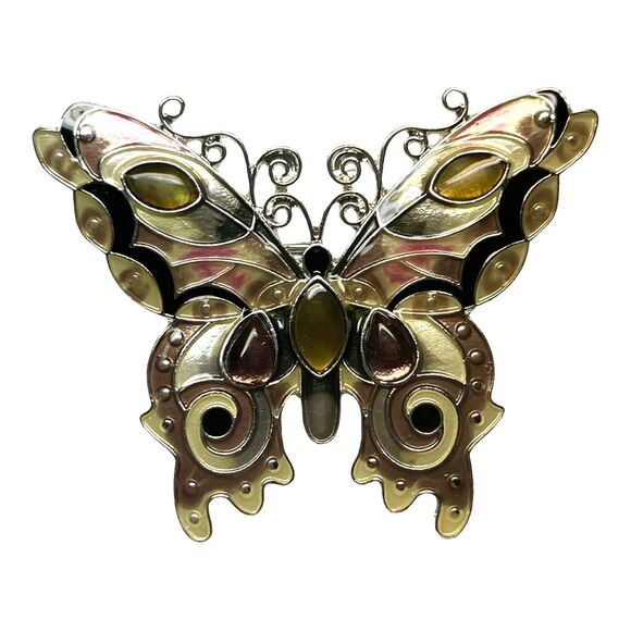 Zarah Amethyst and Mother of Pearl Butterfly Brooch Silver Plated Cloisonne Pin - Picture 2 of 5